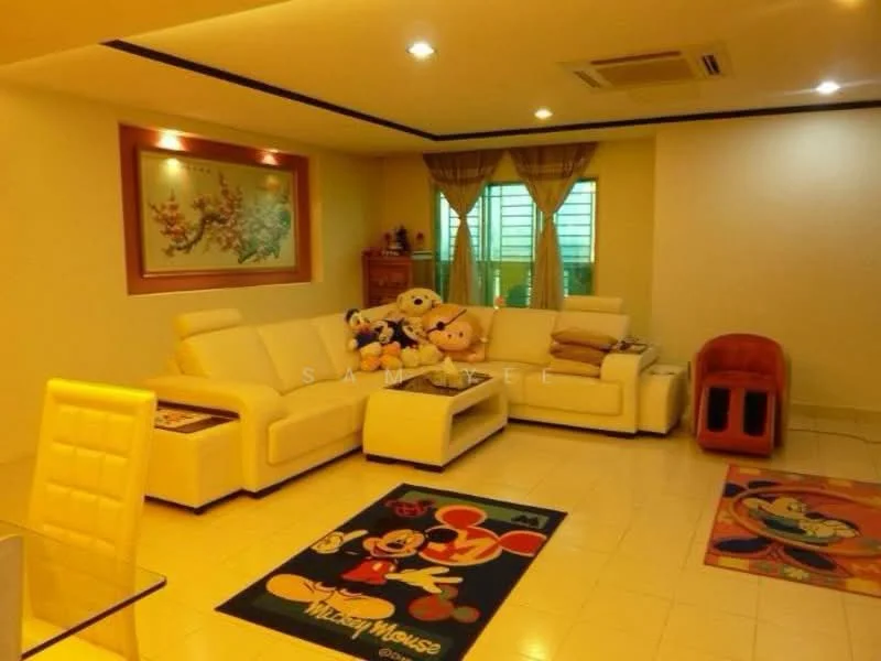 Living features: cream leather sectional sofa, decorative throw pillows, framed artwork on wall, floor-to-ceiling window with sheer curtains, tile flooring, air conditioning unit, area rug with cartoon characters, wall-mounted light fixtures, wooden coffee table, plush toys on sofa; style: modern.