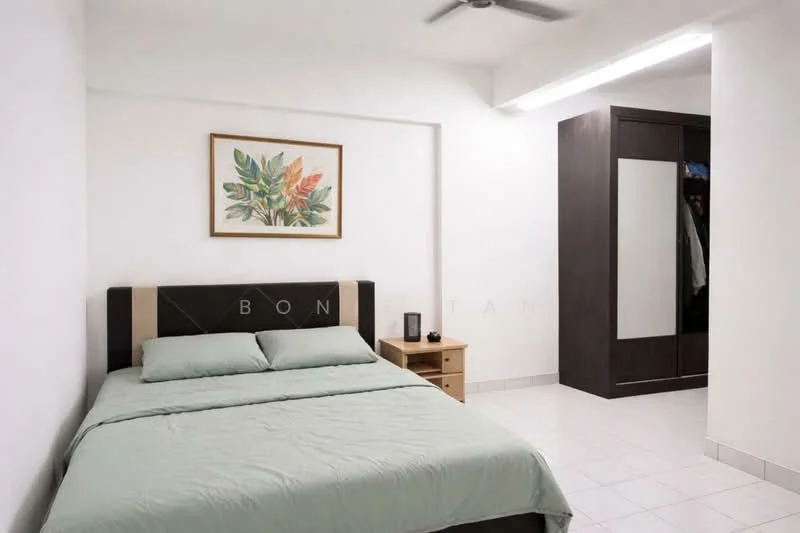 Bedroom features: queen-size bed with green bedding, upholstered headboard, nightstand with drawer, framed artwork on wall, built-in wardrobe with sliding doors, white painted walls, ceiling fan, tile flooring, LED strip lighting; style: modern.