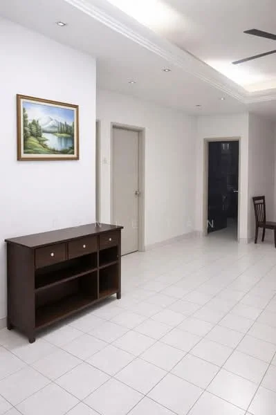 Room features: white painted walls, tile flooring, recessed downlights, ceiling fan, framed artwork, wooden console table, door to adjacent room, door to hallway, chair; style: modern.