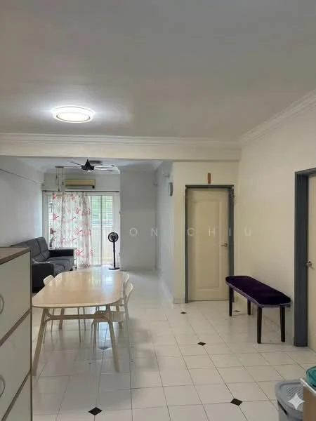 Dining features: white painted walls, white ceiling with recessed lighting, tiled flooring, round dining table, 4 wooden dining chairs, sliding glass door, curtains with floral pattern, ceiling fan, wall-mounted air conditioning unit, bench seating against the wall; style: modern. Living features: grey fabric sofa, coffee table, floor-to-ceiling windows, curtains with floral pattern; style: modern.