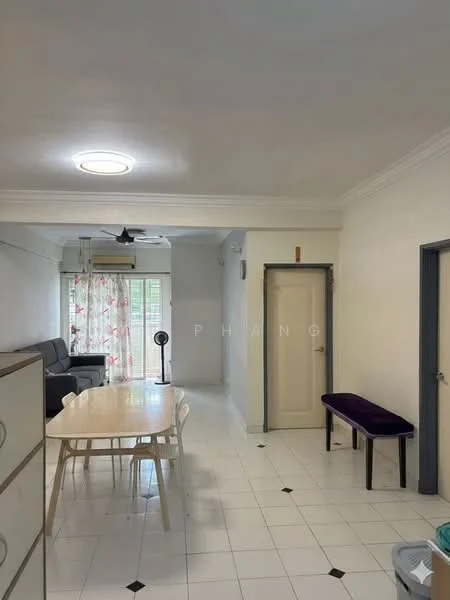 Living features: white painted walls, white ceiling with recessed lighting, floor tiles in white, sofa in dark color, dining table with white chairs, ceiling fan, window with sheer curtains, door with handle, decorative wall panel, small console table, standing fan; style: modern.