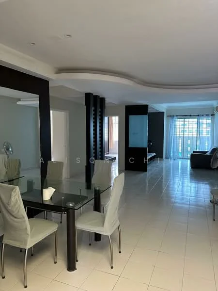 Dining features: glass dining table, 4 upholstered dining chairs in grey, white ceramic vase, floor-to-ceiling windows, light grey walls, tile flooring; style: modern. Living features: sofa in dark color, coffee table, TV console, floor-to-ceiling windows, light grey walls, tile flooring, recessed ceiling with lighting, decorative wall paneling; style: modern.