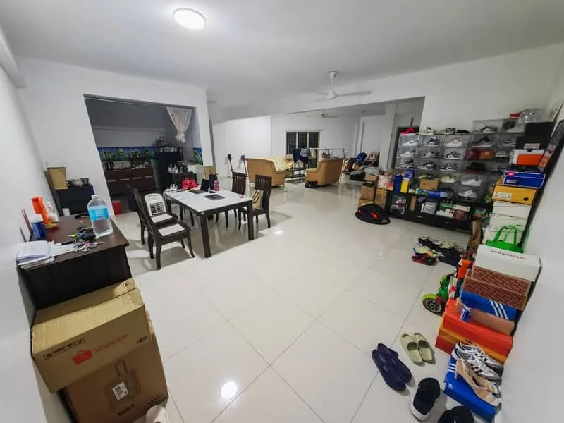 Living features: white painted walls, glossy ceramic tile flooring, ceiling fan, dining table with four chairs, sofa set, storage cabinets, multiple boxes and bags, decorative items, open layout, large windows, natural light; style: modern.