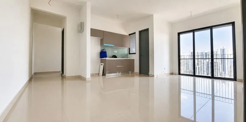 Living features: white painted walls, glossy tile flooring, floor-to-ceiling windows, balcony access, kitchenette with cabinets, stainless-steel fridge, built-in oven, single-bowl stainless-steel sink, chrome pull-down faucet, light fixtures on ceiling, open layout, city view; style: modern; view: city.