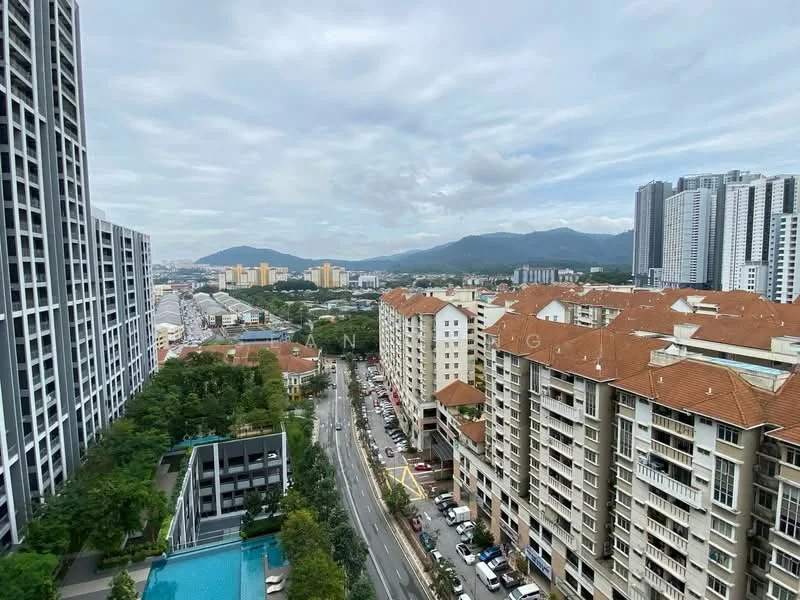 Exterior type: high-rise condominium; features: city skyline view, surrounded by residential buildings, manicured landscaping, swimming pool visible, multi-storey buildings, paved road, mountain view in background; style: modern.