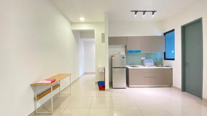 Kitchen features: white painted walls, light grey cabinetry, stainless-steel fridge, single-bowl stainless-steel sink, chrome pull-down faucet, white countertop, built-in oven, ceramic tile flooring, recessed LED downlights, window with black frame, open shelving, kitchen island, area rug, wall-mounted light fixture; style: modern. Room features: white painted walls, ceramic tile flooring, recessed LED downlights.