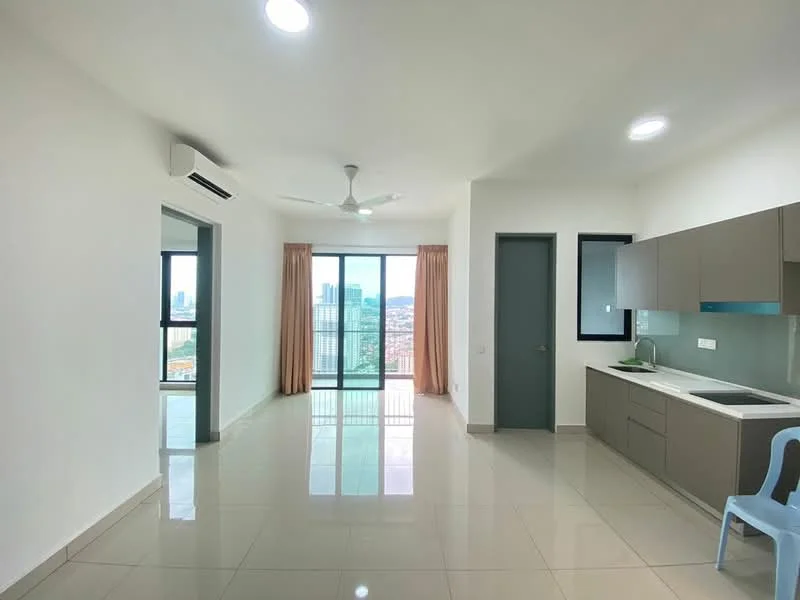 Living features: floor-to-ceiling windows, sliding glass door, white painted walls, glossy ceramic tile flooring, 5-blade ceiling fan with light, recessed LED downlights, curtains, open-plan layout with kitchen, city view, air conditioning unit; style: modern; view: city. Kitchen features: grey flat-panel cabinets, white countertop, single-bowl stainless-steel sink, chrome pull-down faucet, built-in oven, stainless-steel range hood, 4-burner gas hob, recessed LED downlights; style: modern.