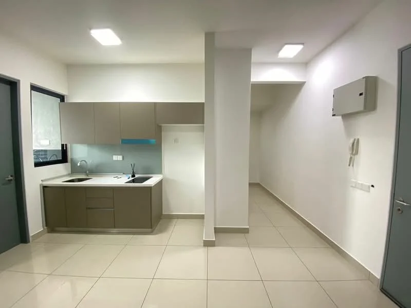 Kitchen features: single-bowl stainless-steel sink, chrome pull-down faucet, laminate countertop, flat-panel grey cabinets, built-in oven, ceramic tile flooring, recessed LED downlights, window with black frame, white painted walls; style: modern. Room features: white painted walls, ceramic tile flooring, recessed LED downlights.