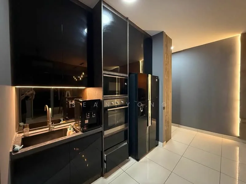 Kitchen features: black high-gloss cabinetry, stainless-steel built-in oven, stainless-steel microwave, black refrigerator, single-bowl stainless-steel sink, chrome pull-down faucet, grey granite countertop, white tiled backsplash, recessed LED downlights, white porcelain tile flooring, wood accent wall, ambient lighting, open shelving; style: modern.
