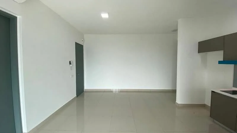 Room features: white painted walls, glossy tile flooring, recessed ceiling lights, open layout, kitchenette with countertop, blue accent on cabinetry, single door, no visible furniture; style: modern.