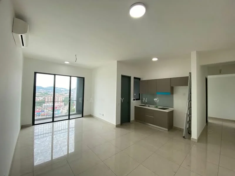 Living features: floor-to-ceiling windows, white painted walls, ceramic tile flooring, recessed LED downlights, 1 wall-mounted split AC, open kitchen layout, kitchen cabinetry in grey, kitchen countertop, view of city skyline; style: modern; view: city.