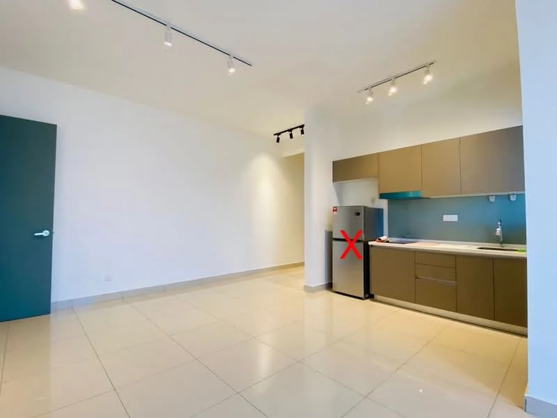 Kitchen features: cream painted walls, white ceiling, recessed downlights, glossy tile flooring, built-in kitchen cabinets in brown, stainless-steel fridge, single-bowl stainless-steel sink, chrome pull-down faucet, kitchen countertop with backsplash, open layout, window for natural light; style: modern.