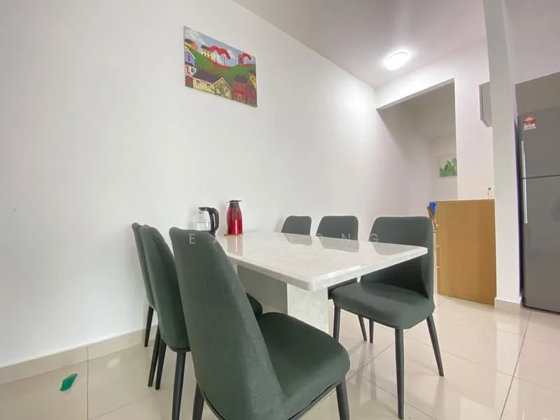 Dining features: marble dining table, 6-seater dining table, upholstered dining chairs in grey, white painted walls, tile flooring, refrigerator, kettle, decorative artwork on wall, ceiling light; style: modern.