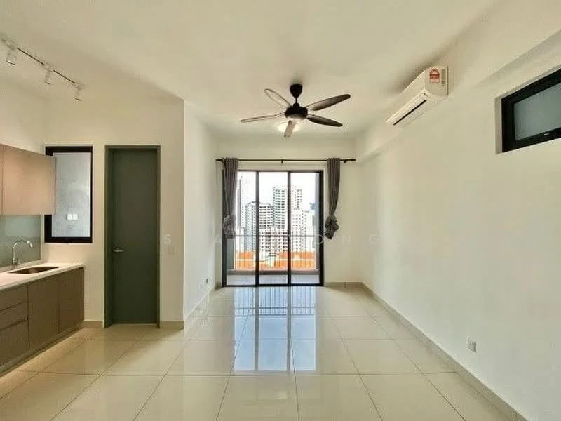 Living features: floor-to-ceiling windows, sliding glass door, grey painted walls, white ceiling, 5-blade ceiling fan with light, wall-mounted split AC, glossy tile flooring, curtains, open kitchen layout, kitchen cabinetry in grey, kitchen countertop, view of city skyline; style: modern; view: city.
