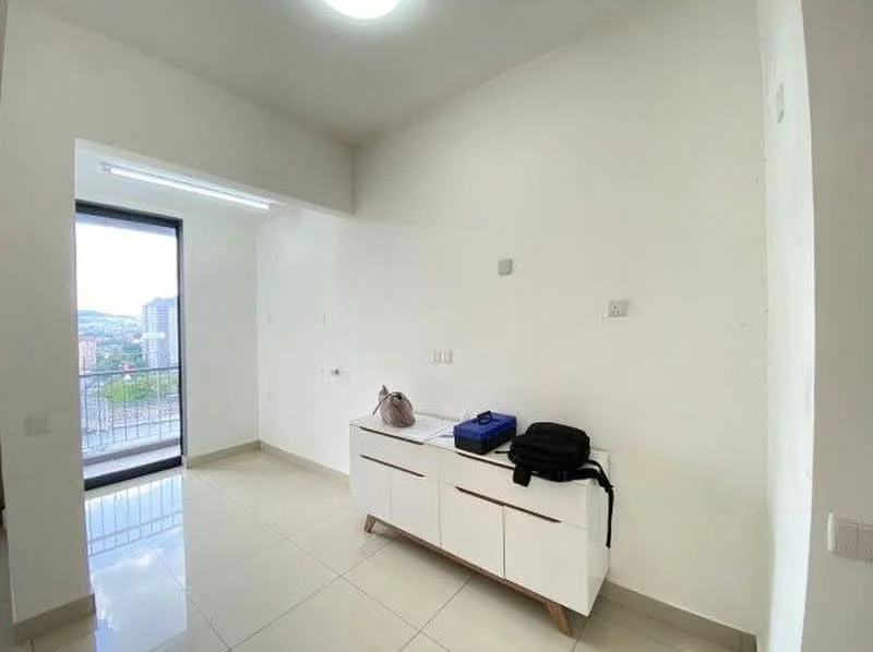 Room features: white painted walls, glossy tile flooring, large window with city view, modern sideboard, ceiling light fixture; style: modern; view: city.