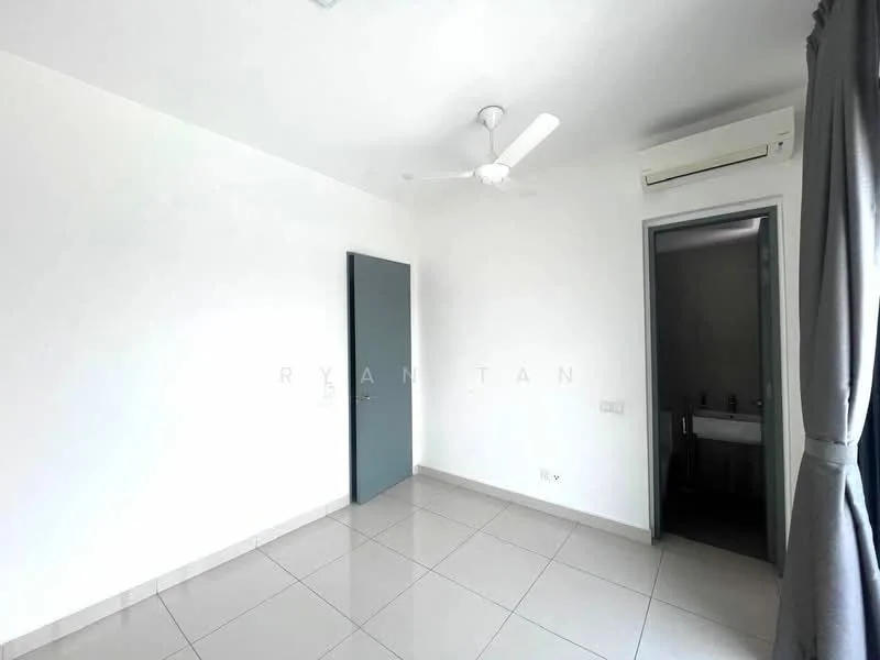 Room features: white painted walls, grey tiled flooring, 5-blade ceiling fan, wall-mounted split AC, door with grey finish, curtains, light switch, window with grey frame; style: modern.