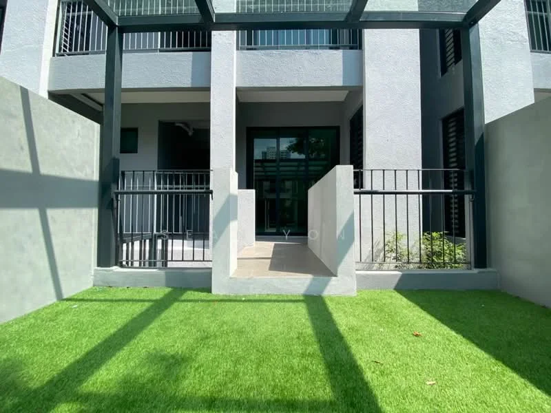 Exterior type: linked terrace house; features: green artificial grass lawn, concrete pathway, metal railing, grey painted facade, glass sliding door, covered entryway, landscaping with plants; style: modern.