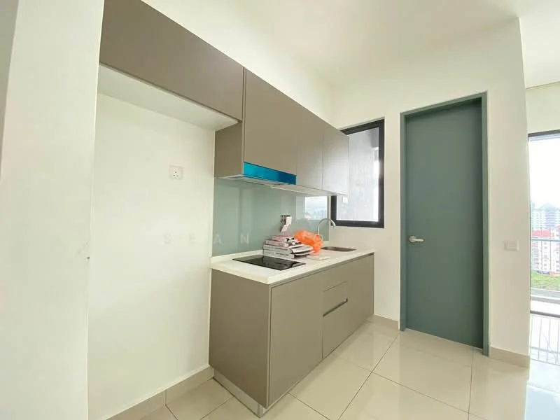 Kitchen features: light grey cabinetry, white countertop, built-in sink, single-bowl stainless-steel sink, chrome faucet, glass backsplash, wall-mounted cabinets, open shelving, tile flooring, large window, neutral wall colour, door to adjacent room; style: modern; view: city.