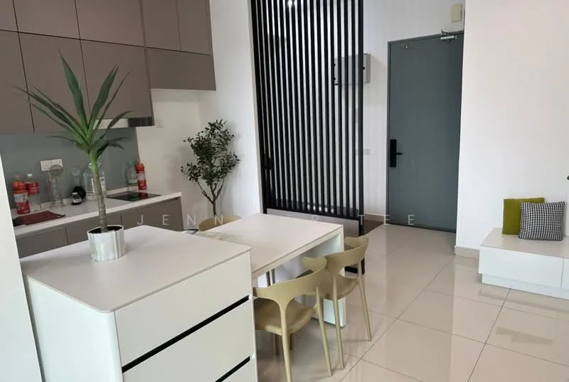 Dining features: white dining table, 4 beige dining chairs, grey cabinetry, white cabinetry, green plant in pot, decorative wall paneling, large floor tiles, wall-mounted storage unit; style: modern. Kitchen features: grey upper cabinets, grey lower cabinets, countertop with sink, kitchen appliances visible, open layout to dining area; style: modern.