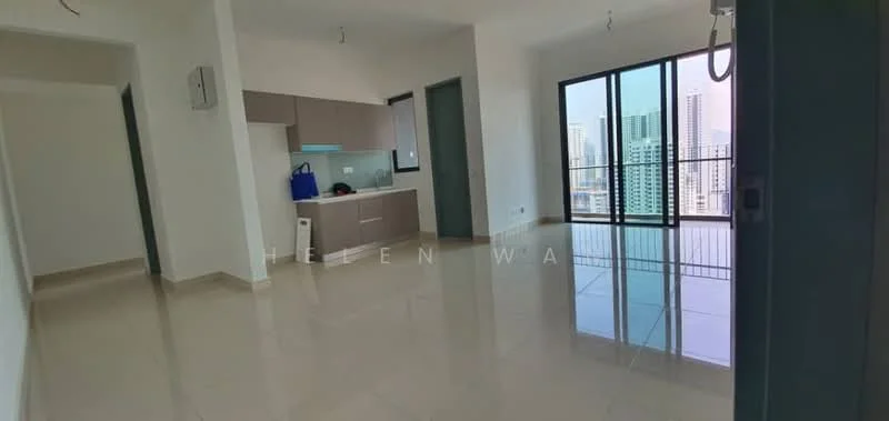 Living features: glossy tile flooring, white painted walls, floor-to-ceiling windows, sliding glass door, kitchenette with grey cabinetry, stainless-steel sink, chrome pull-down faucet, countertop with light-colored surface, recessed downlights, open layout, city view; style: modern; view: city.