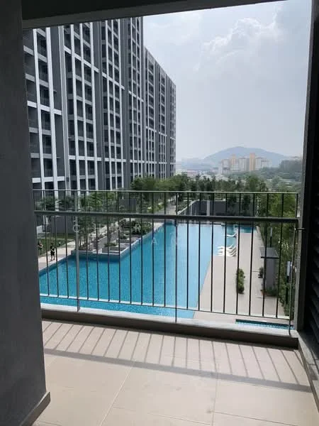 Balcony features: metal railing, tiled flooring, view of swimming pool, view of landscaped garden, view of surrounding buildings, overhead cover, spacious layout; style: modern; view: pool.