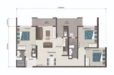 Floor plan: 3-bedroom 2-bathroom unit; features: open-plan kitchen-dining-living, master bedroom with ensuite bathroom, bedroom 2 with shared bathroom, utility room, central foyer, balcony off living room, 2 car porch, 1,200 sqft built-up.