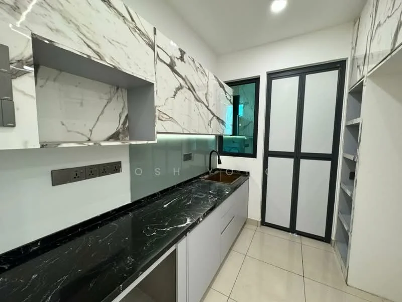 Kitchen features: marble countertop, grey cabinetry, white upper cabinets with marble pattern, black granite backsplash, stainless-steel sink, chrome pull-down faucet, built-in oven, ceramic tile flooring, recessed downlights, window with black frame, open shelving, electrical outlets on backsplash; style: modern.