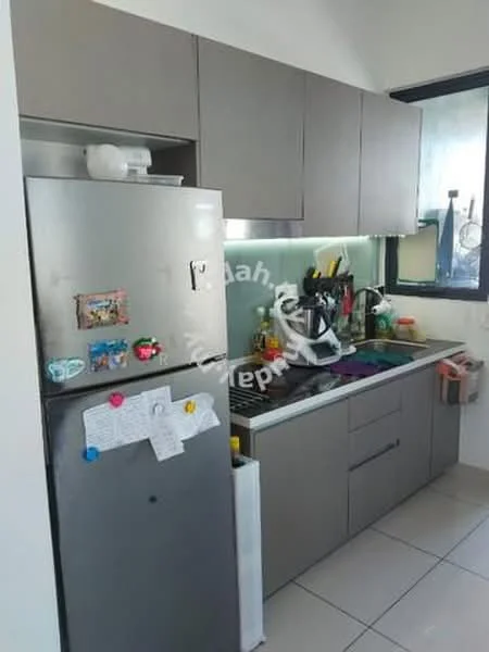 Kitchen features: grey cabinetry, stainless-steel fridge, single-bowl stainless-steel sink, chrome pull-down faucet, ceramic tile flooring, white backsplash, built-in stove, kitchen utensils on countertop, window with view, under-cabinet lighting; style: modern.