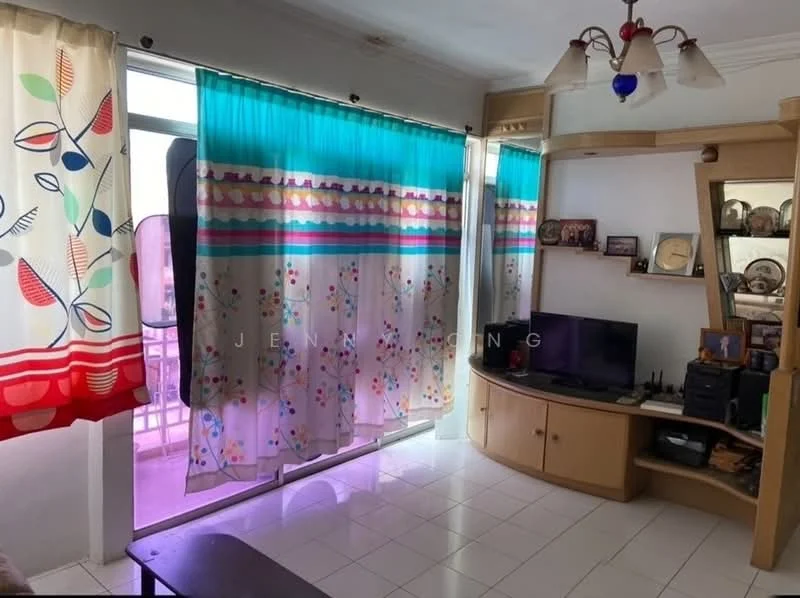 Living features: white painted walls, white tiled flooring, curtains with floral pattern, wooden TV console, wall-mounted TV, decorative shelves, ceiling light fixture, large window with city view; style: modern; view: city.
