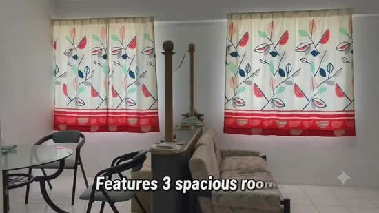 Room features: white painted walls, tile flooring, large windows with floral-patterned curtains, glass dining table, 4 dining chairs, sofa, decorative wall art, light fixture on ceiling; style: minimalist.