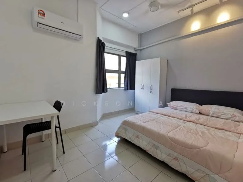 Bedroom features: queen-size bed with light pink bedding, upholstered headboard in dark grey, white wardrobe with two doors, study desk with black chair, floor-to-ceiling window with sheer curtains, wall-mounted split AC unit, light grey painted walls, tile flooring; style: modern.