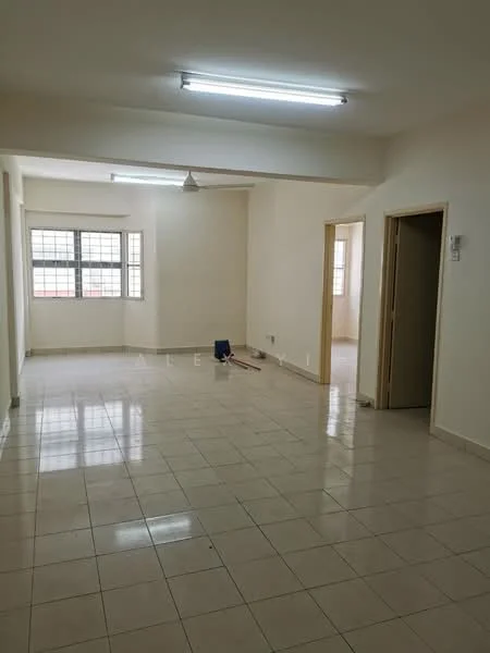 Living features: white painted walls, glossy ceramic tile flooring, recessed ceiling lights, ceiling fan, large windows with grid pattern, neutral color scheme, open layout, doorway leading to other rooms; style: modern.