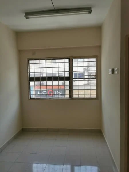 Room features: cream painted walls, white tiled flooring, square grid ceiling with fluorescent light, sliding window with metal grille, window with view of street, corner room, no visible furniture, neutral decor; style: minimalist; view: street.
