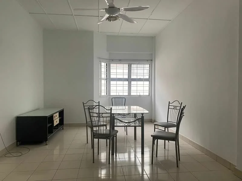 Dining features: white painted walls, tile flooring, 5-blade ceiling fan, square glass dining table, 4 metal dining chairs, TV console with storage, floor-to-ceiling windows, natural light; style: modern.
