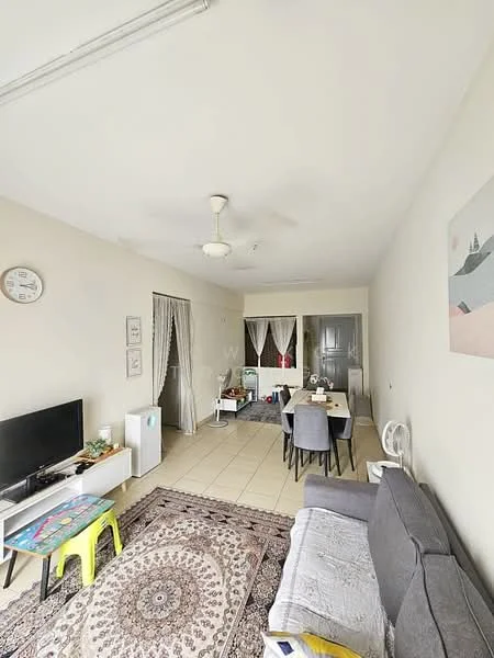 Living features: light grey fabric sofa, 3-seater sofa, coffee table, wall-mounted TV, area rug with geometric pattern, ceiling fan, white painted walls, tile flooring, curtains, decorative wall art, dining table with chairs, green plastic stool; style: modern.