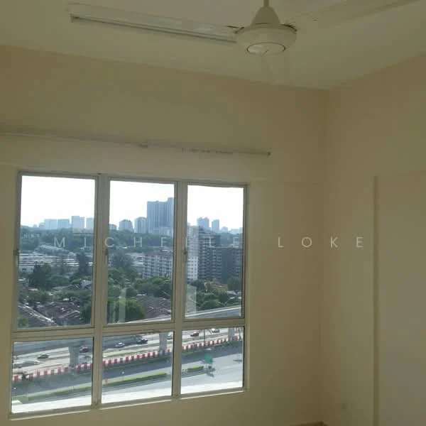 Room features: large floor-to-ceiling windows, white painted walls, ceiling fan, city view, natural light; view: city.