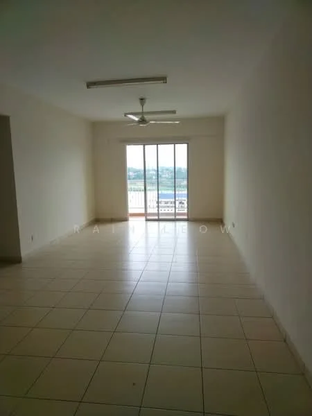 Living features: white painted walls, tile flooring, 5-blade ceiling fan, floor-to-ceiling sliding glass door, natural light from large window, neutral color scheme, open layout, view of the outside; style: modern; view: city.