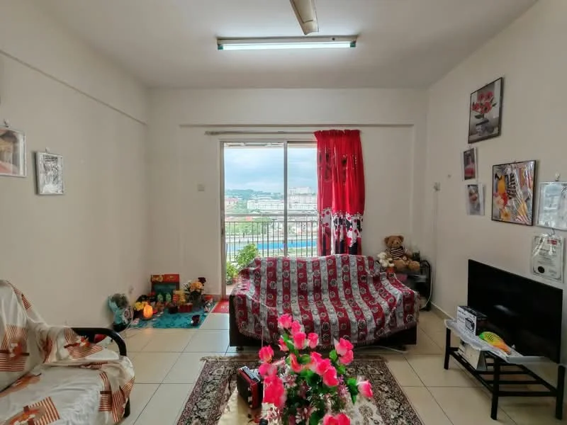 Living features: white painted walls, tile flooring, sofa with patterned upholstery, coffee table, wall-mounted TV, decorative wall art, floor-to-ceiling sliding glass door, curtains in red, decorative plants, shelves with decorative items, light fixture on ceiling; style: contemporary; view: city.