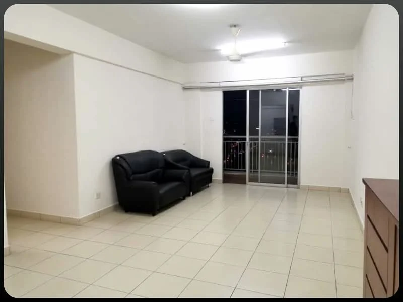 Living features: white painted walls, ceramic tile flooring, 5-blade ceiling fan with light, sliding glass door, floor-to-ceiling windows, black leather sofa, balcony view, neutral color scheme; style: modern; view: city.
