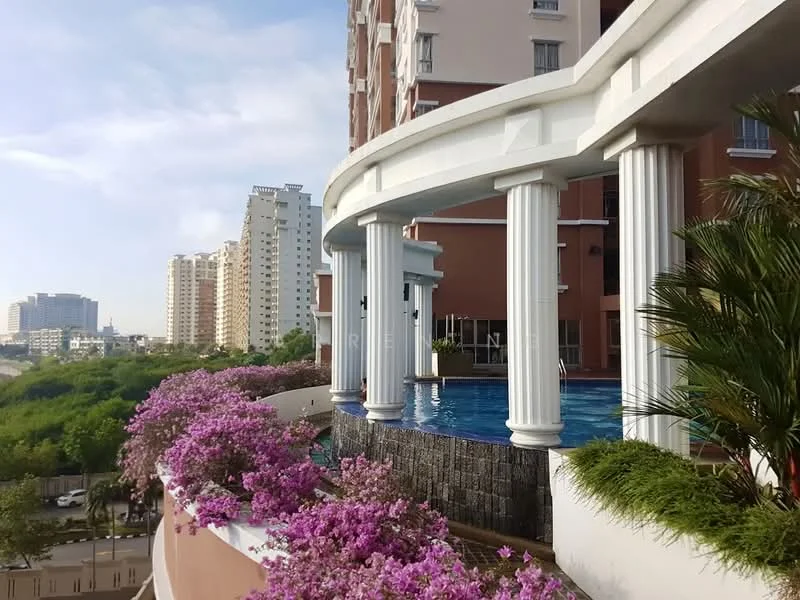 Exterior type: high-rise condominium; features: infinity pool, pool deck with loungers, columns with white finish, landscaped garden with bougainvillea, surrounding greenery, urban skyline in background; style: modern.