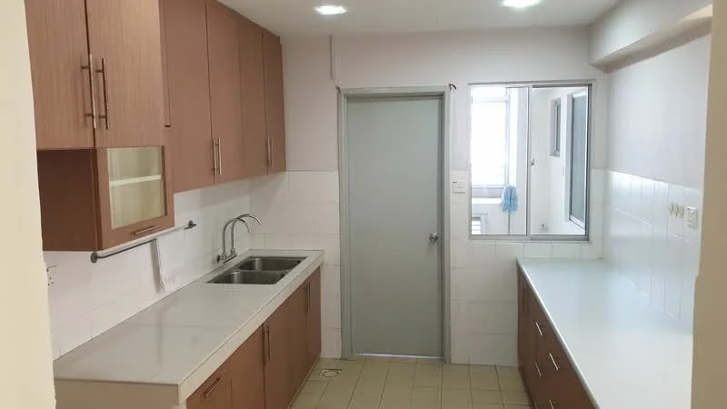 Kitchen features: brown wooden cabinetry, white countertop, double-bowl stainless-steel sink, chrome pull-down faucet, white tiled backsplash, white wall tiles, cream floor tiles, window with view to outside, door leading to utility area, built-in cabinets, under-cabinet lighting; style: modern.