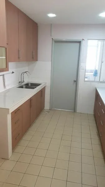 Kitchen features: laminate cabinetry in light wood finish, white countertop, single-bowl stainless-steel sink, chrome pull-down faucet, ceramic tile flooring, white tiled backsplash, built-in oven, kitchen window with sheer curtains, door leading to utility area; style: modern.