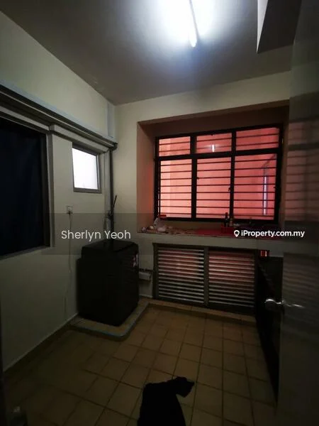 Laundry features: tile flooring, white painted walls, large window with horizontal bars, utility sink, washing machine, shelving unit, light fixture, ventilation window.