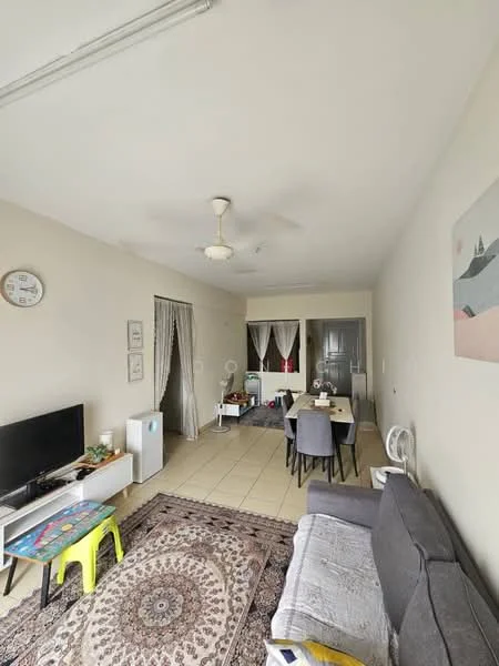Living features: light grey walls, cream tiled flooring, 5-blade ceiling fan, wall-mounted TV, white TV console, grey fabric sofa, area rug with geometric pattern, decorative wall clock, dining table with grey upholstered chairs, curtains, window with sheer treatment; style: modern.