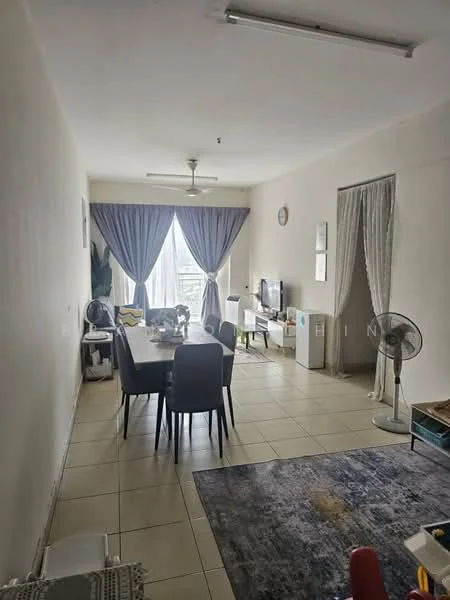 Dining features: 6-seater dining table, upholstered dining chairs in grey, floor-to-ceiling windows, sheer curtains, ceiling fan, wall-mounted TV, TV console, area rug with geometric pattern, light-coloured walls, tiled flooring; style: modern; view: city.
