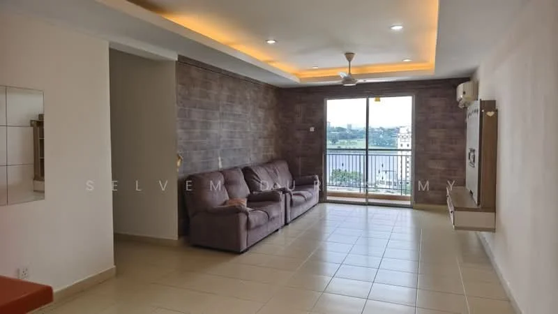 Living features: 3-seater fabric sofa in beige, floor-to-ceiling windows, city view, cream painted walls, accent wall with stone cladding, recessed downlights, ceiling fan, tile flooring, wall-mounted TV, air conditioning unit; style: modern; view: city.