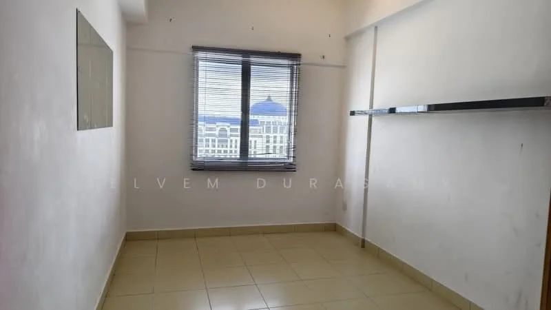 Room features: white painted walls, tile flooring, window with blinds, shelf mounted on wall, city view from window; view: city.