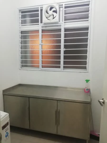 Laundry features: stainless-steel countertop, stainless-steel cabinets, window with louvered shutters, exhaust fan, white walls, tile flooring; style: modern.