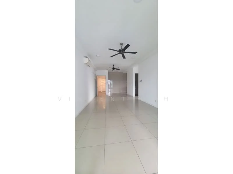 Living features: white painted walls, glossy ceramic tile flooring, 2 ceiling fans, recessed downlights, air conditioning unit, open layout, neutral color scheme, large windows for natural light; style: modern.