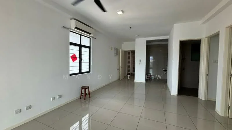 Room features: white painted walls, glossy ceramic tile flooring, ceiling with recessed downlights, 1 wall-mounted split AC, large window with black frame, doorway leading to another room, stool, neutral color scheme; style: modern.